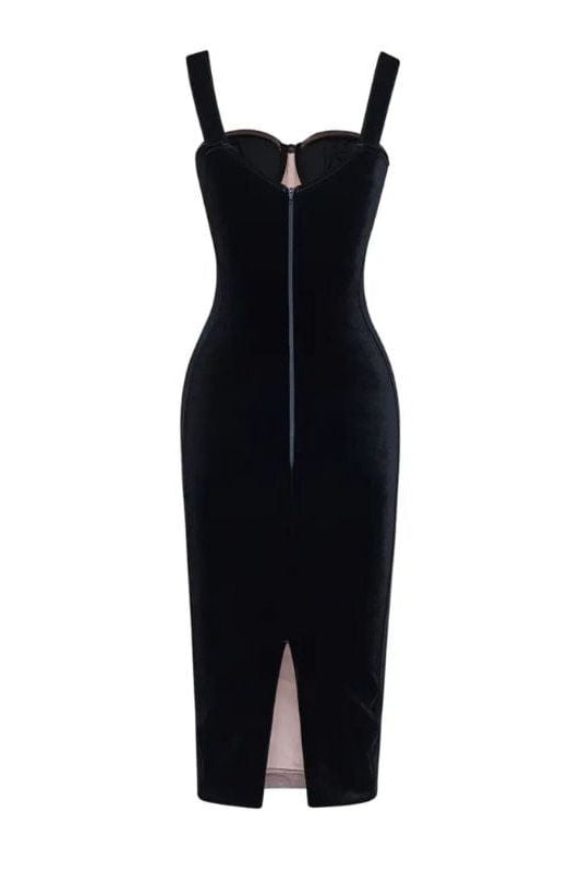 Woman wearing a figure flattering Marilyn Bodycon Wrap Midi Dress - Classic Black BODYCON COLLECTION