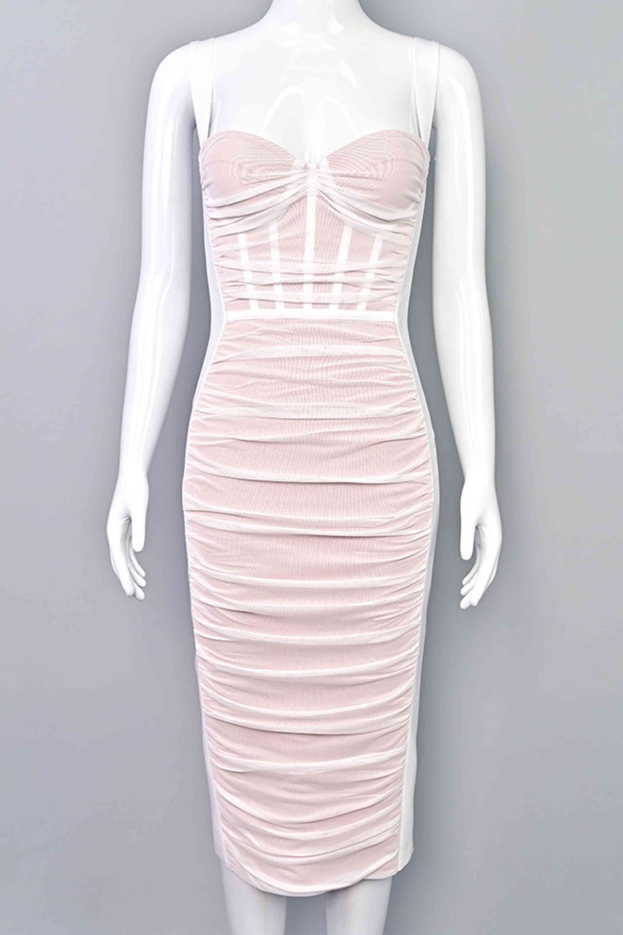 Woman wearing a figure flattering Marilyn Bodycon Wrap Midi Dress - Pearl White BODYCON COLLECTION