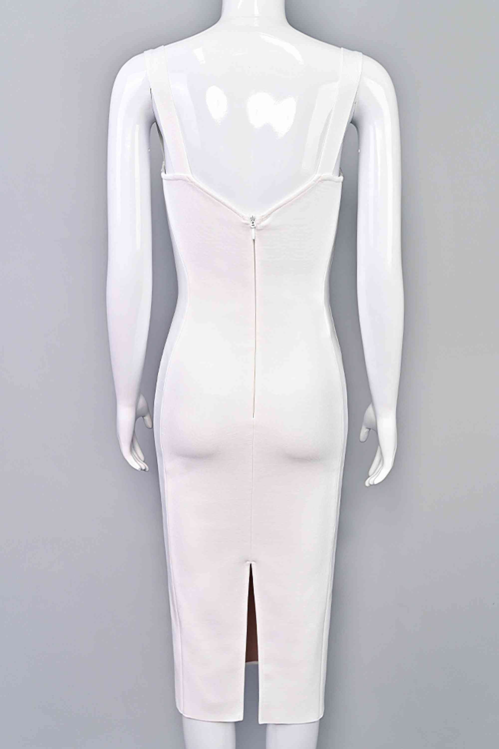 Woman wearing a figure flattering Marilyn Bodycon Wrap Midi Dress - Pearl White BODYCON COLLECTION
