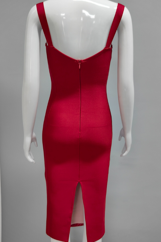Woman wearing a figure flattering Marilyn Bodycon Wrap Midi Dress - Red Wine BODYCON COLLECTION