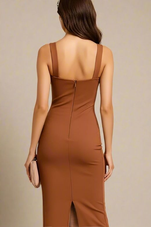 Woman wearing a figure flattering Marilyn Bodycon Wrap Midi Dress - Rustic Brown BODYCON COLLECTION