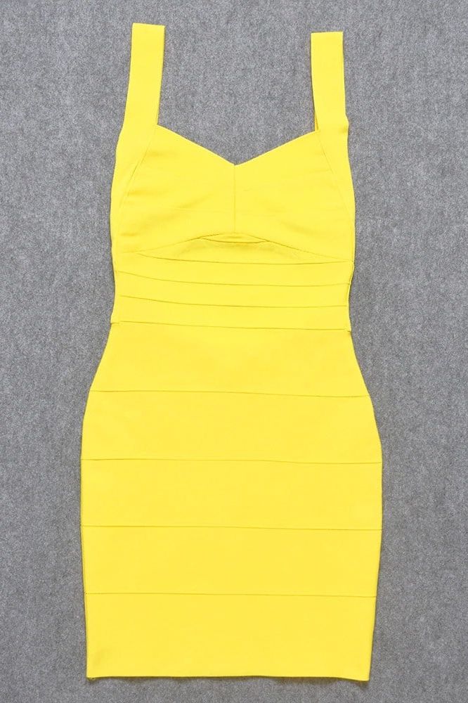Woman wearing a figure flattering Maya Bandage Mini Dress - Sun Yellow BODYCON COLLECTION