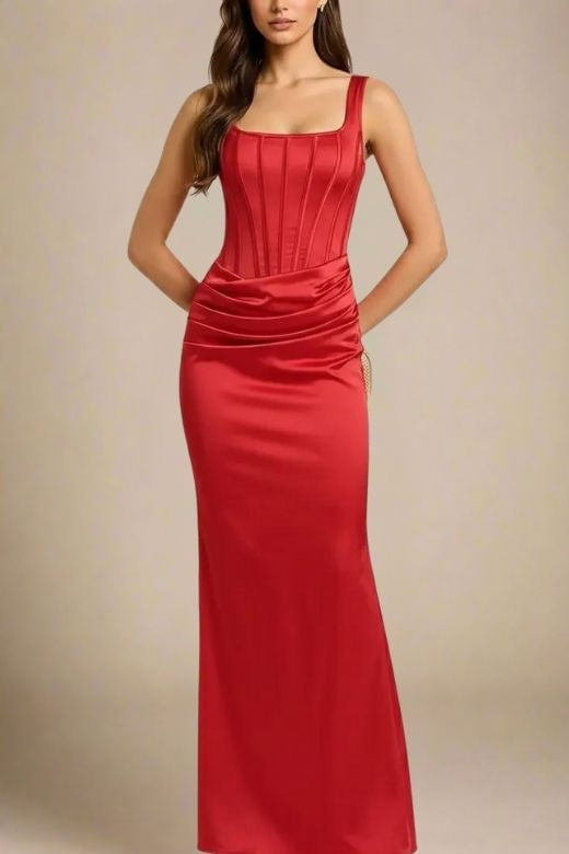 Woman wearing a figure flattering Mila Bodycon Wrap Maxi Dress - Lipstick Red BODYCON COLLECTION Pty Ltd