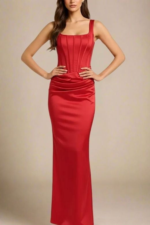 Woman wearing a figure flattering Mila Bodycon Wrap Maxi Dress - Lipstick Red BODYCON COLLECTION Pty Ltd