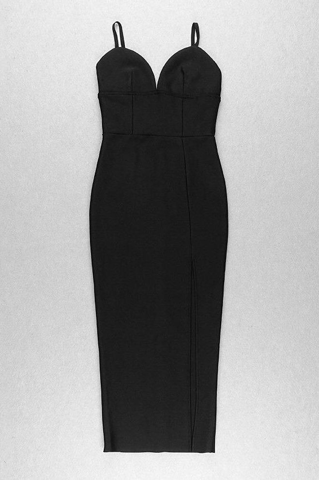 Woman wearing a figure flattering Milan Bandage Midi Dress - Classic Black BODYCON COLLECTION