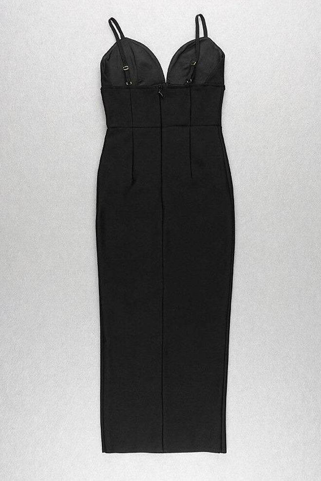 Woman wearing a figure flattering Milan Bandage Midi Dress - Classic Black BODYCON COLLECTION