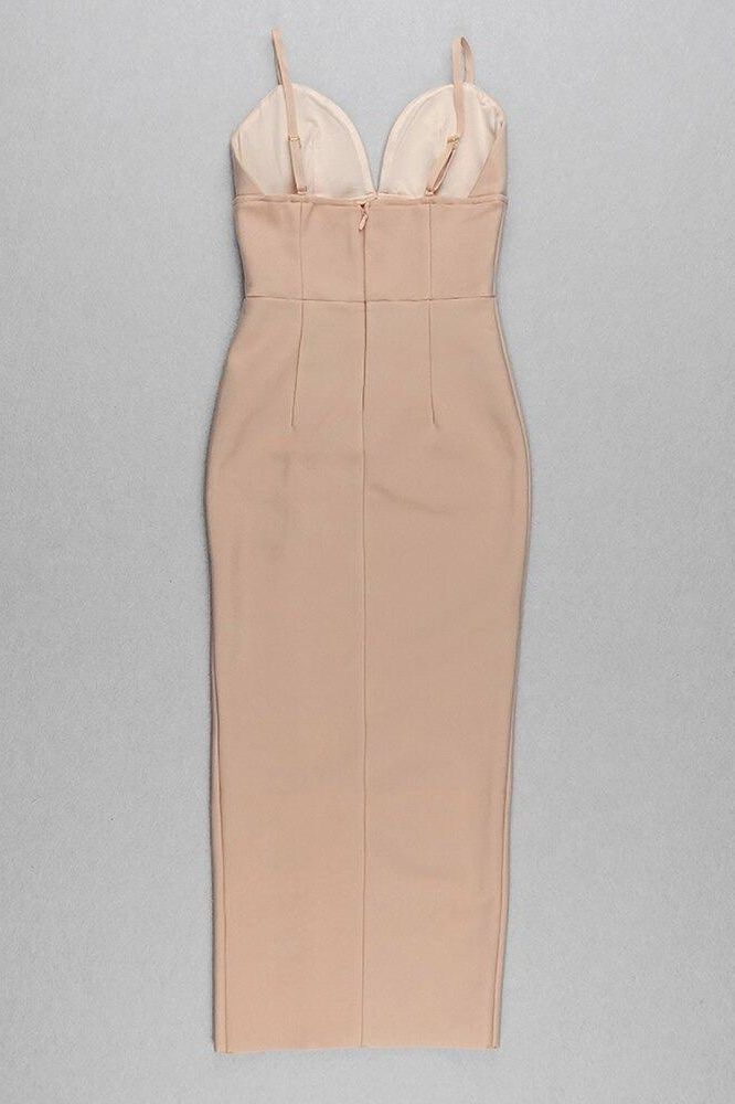 Woman wearing a figure flattering Milan Bandage Midi Dress - Nude BODYCON COLLECTION
