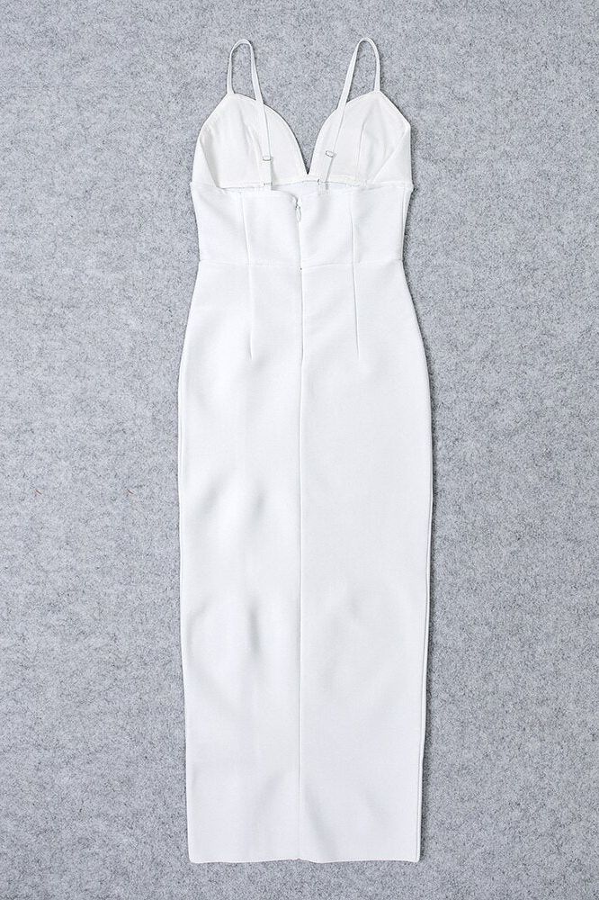 Woman wearing a figure flattering Milan Bandage Midi Dress - Pearl White BODYCON COLLECTION