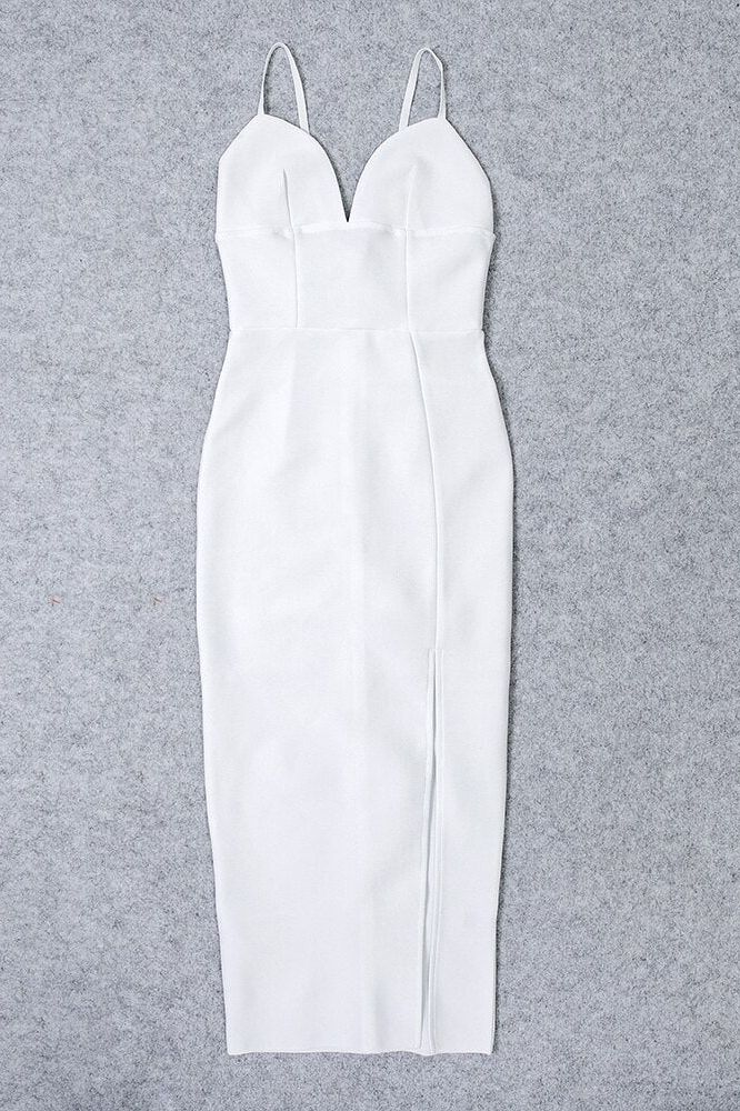 Woman wearing a figure flattering Milan Bandage Midi Dress - Pearl White BODYCON COLLECTION