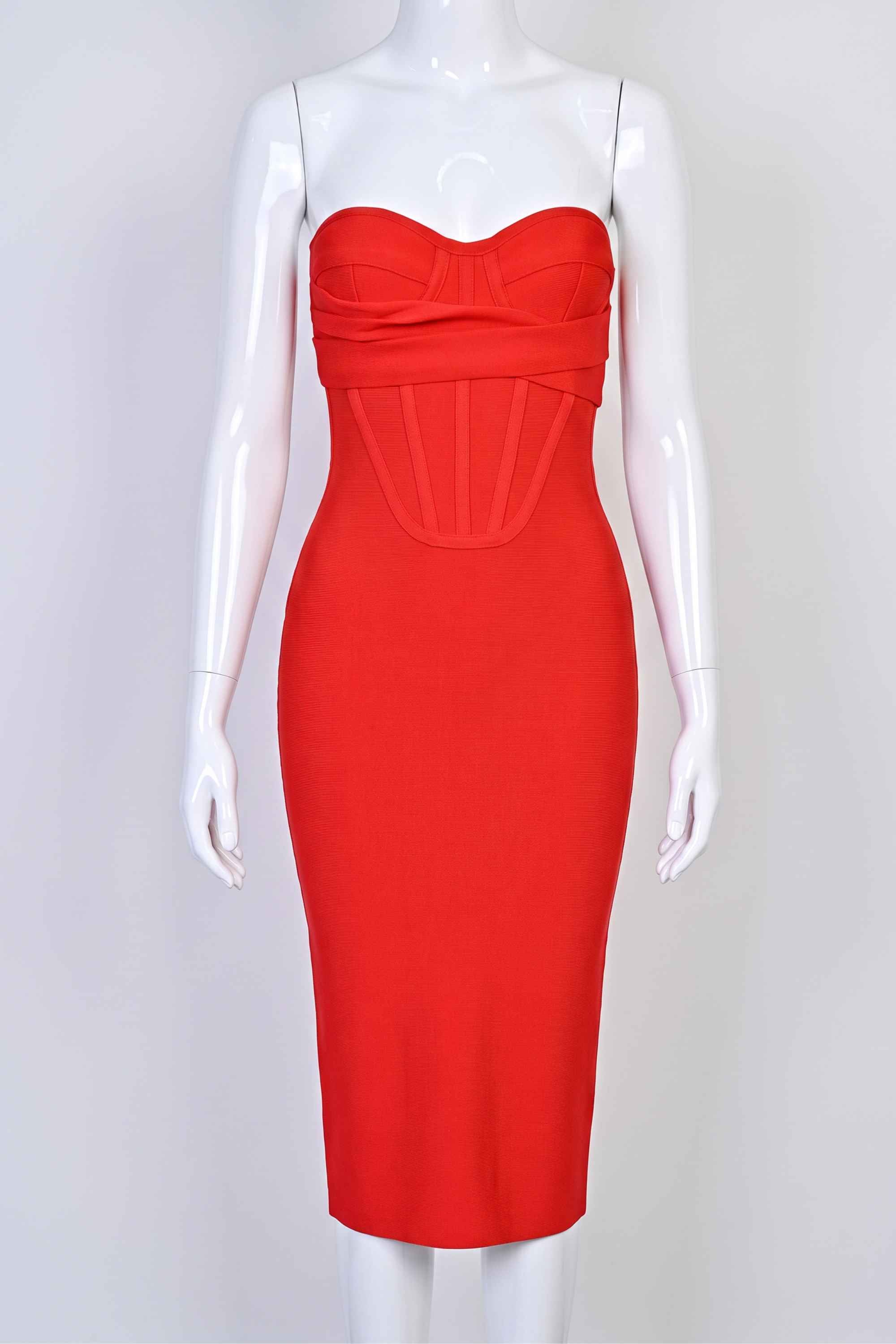 Woman wearing a figure flattering Miles Bodycon Midi Dress - Lipstick Red BODYCON COLLECTION