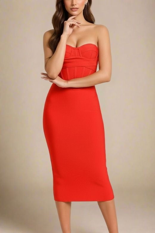 Woman wearing a figure flattering Miles Bodycon Midi Dress - Lipstick Red BODYCON COLLECTION