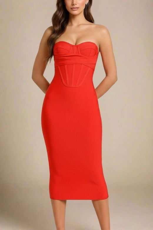 Woman wearing a figure flattering Miles Bodycon Midi Dress - Lipstick Red BODYCON COLLECTION