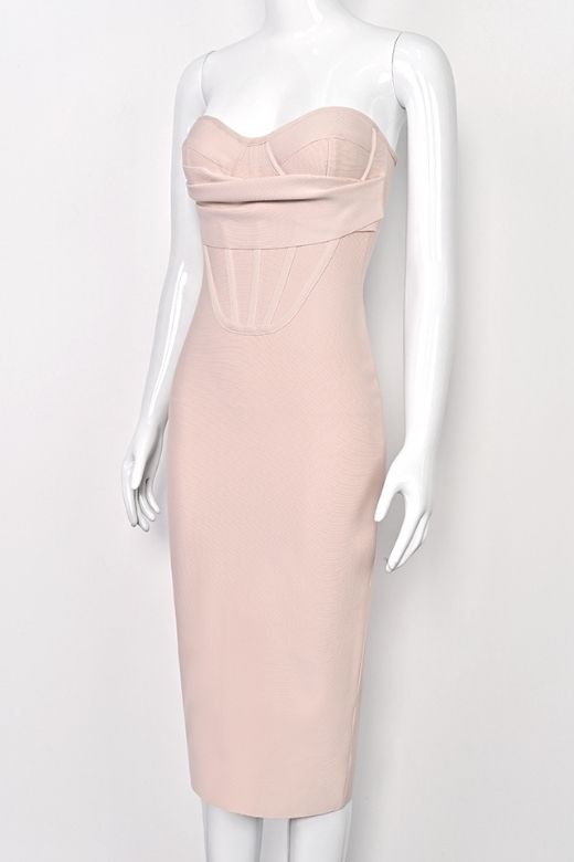 Woman wearing a figure flattering Miles Bodycon Midi Dress - Nude BODYCON COLLECTION