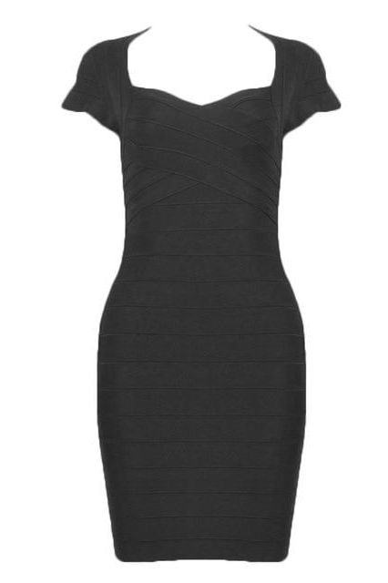 Woman wearing a figure flattering Miranda Bandage Mini Dress - Classic Black Bodycon Collection