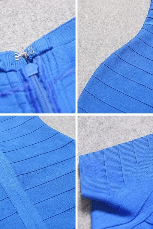 Woman wearing a figure flattering Miranda Bandage Mini Dress - Royal Blue Bodycon Collection