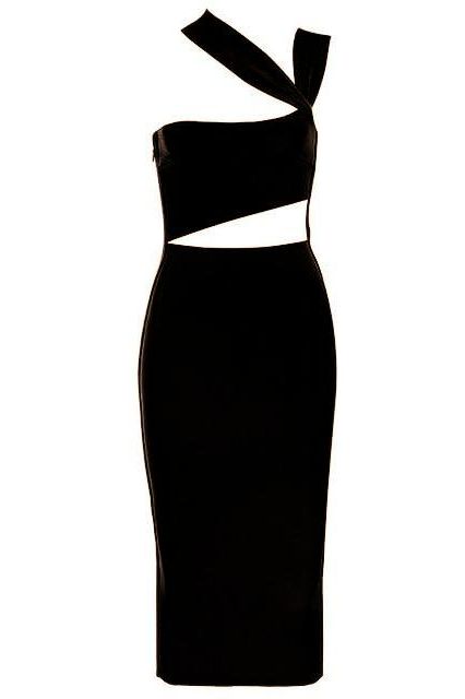 Woman wearing a figure flattering Molly Bandage Midi Dress - Classic Black BODYCON COLLECTION