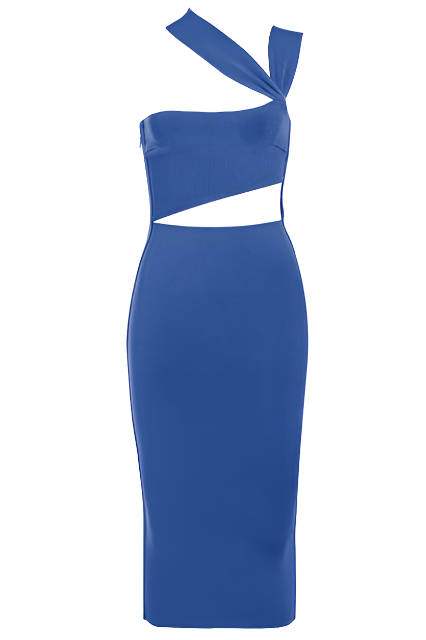 Woman wearing a figure flattering Molly Bandage Midi Dress - Navy Blue BODYCON COLLECTION