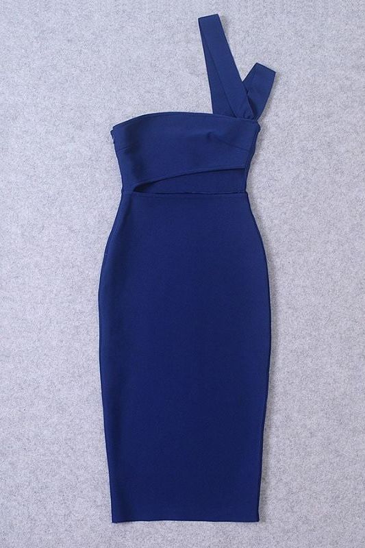 Woman wearing a figure flattering Molly Bandage Midi Dress - Navy Blue BODYCON COLLECTION