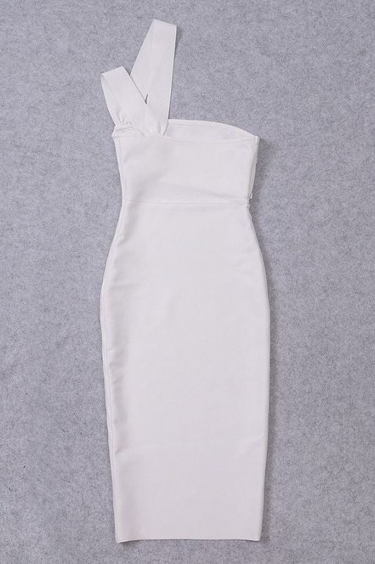 Woman wearing a figure flattering Molly Bandage Midi Dress - Pearl White BODYCON COLLECTION