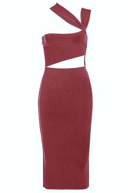 Woman wearing a figure flattering Molly Bandage Midi Dress - Red Wine BODYCON COLLECTION