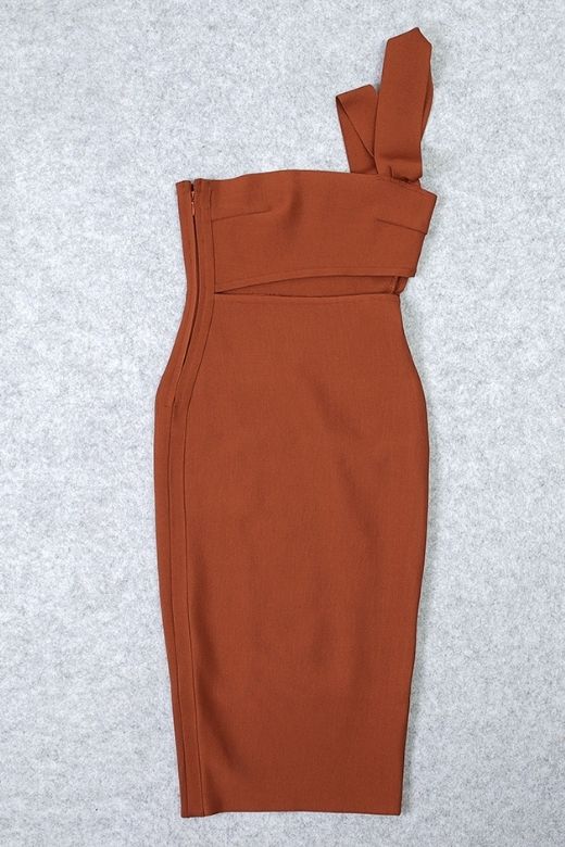 Woman wearing a figure flattering Molly Bandage Midi Dress - Tan Brown BODYCON COLLECTION