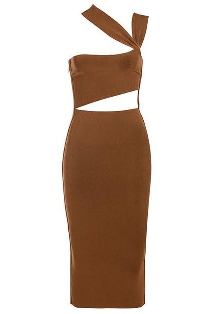 Woman wearing a figure flattering Molly Bandage Midi Dress - Tan Brown BODYCON COLLECTION