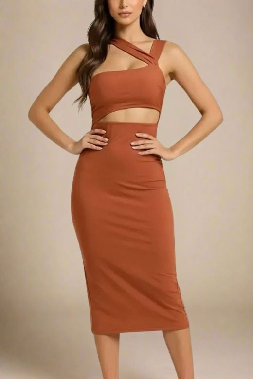 Woman wearing a figure flattering Molly Bandage Midi Dress - Tan Brown BODYCON COLLECTION