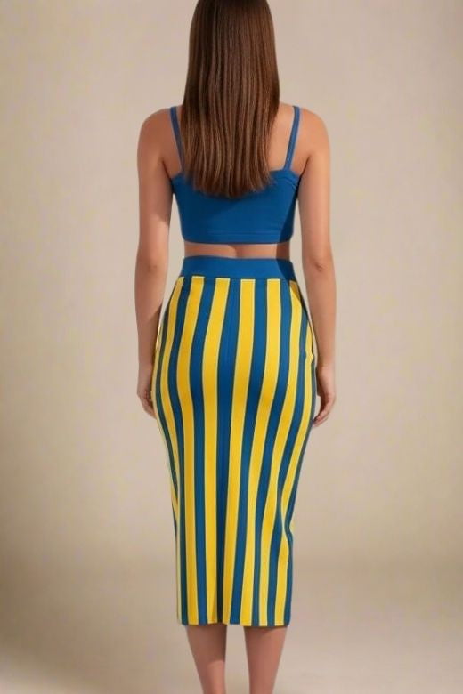 Woman wearing a figure flattering Nadia Bandage Crop Top and Midi Skirt Outfit Set - Royal Blue BODYCON COLLECTION