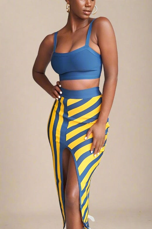 Woman wearing a figure flattering Nadia Bandage Crop Top and Midi Skirt Set - Royal Blue BODYCON COLLECTION