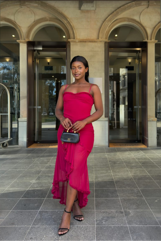 Woman wearing a figure flattering Noah Bodycon Wrap Midi Dress- Red Wine BODYCON COLLECTION