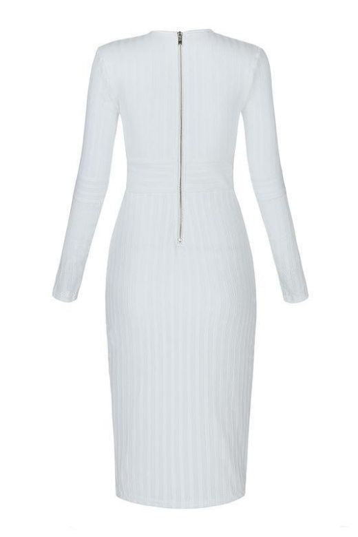Woman wearing a figure flattering Olivia Long Sleeve Bandage Dress - White Pearl Bodycon Collection