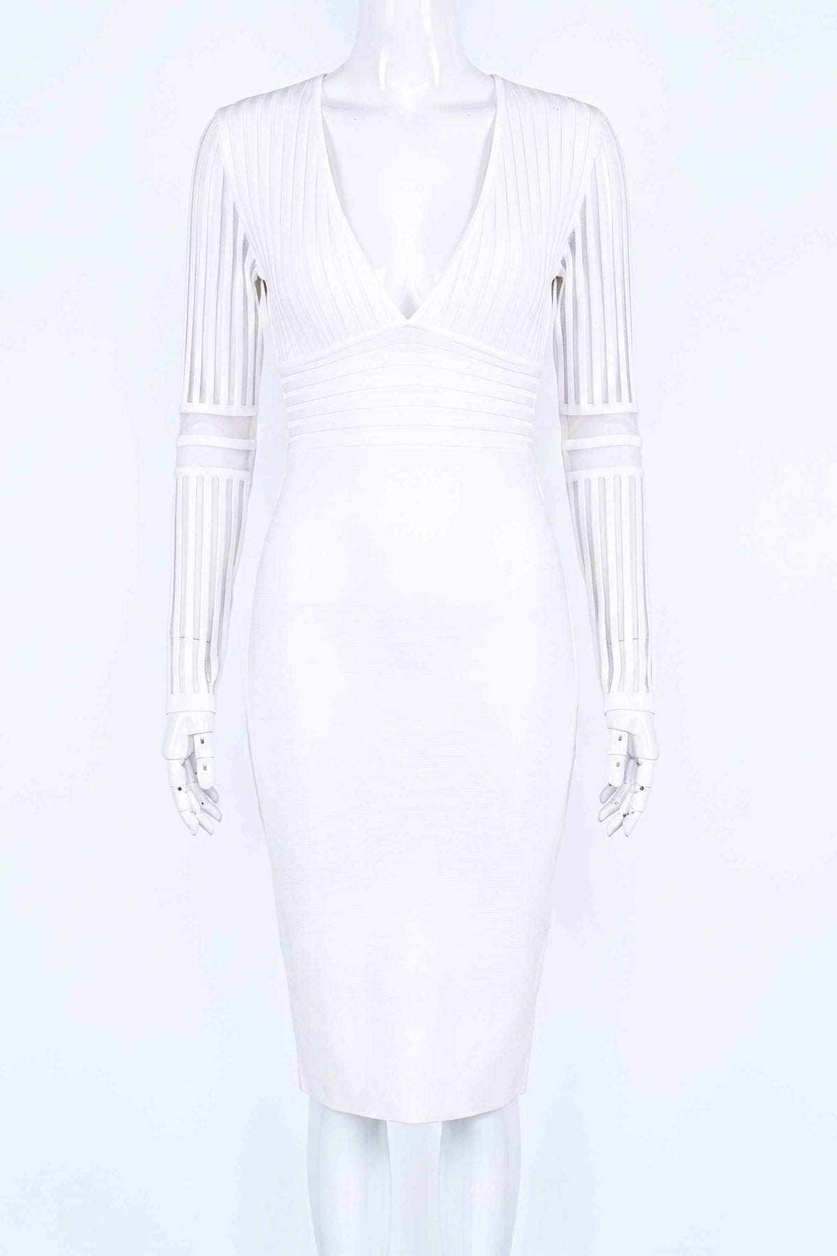 Woman wearing a figure flattering Olivia Long Sleeve Bandage Midi Dress - Pearl White Bodycon Collection