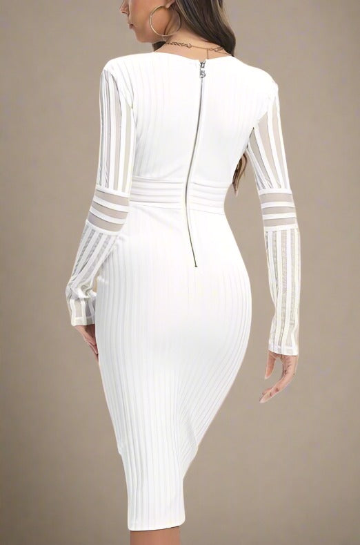 Woman wearing a figure flattering Olivia Long Sleeve Bandage Midi Dress - Pearl White Bodycon Collection