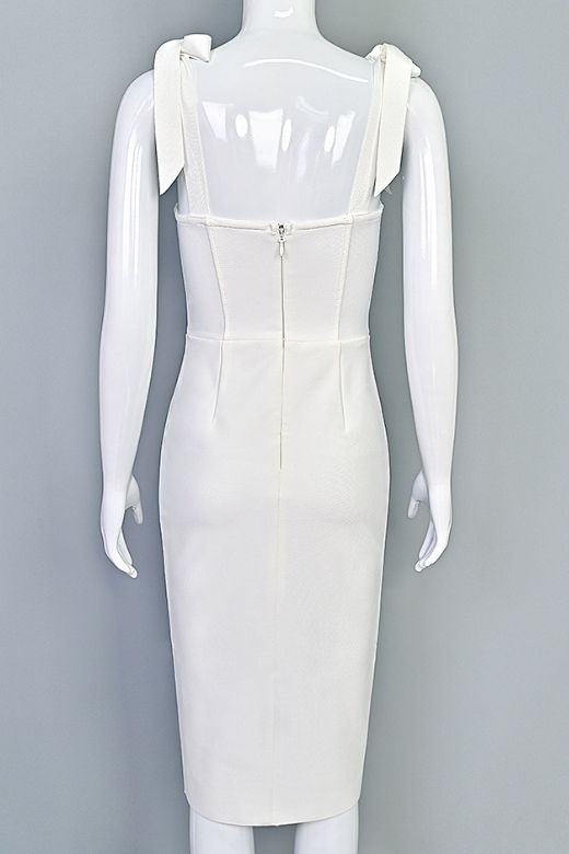 Woman wearing a figure flattering Payton Bandage Dress - White Pearl BODYCON COLLECTION