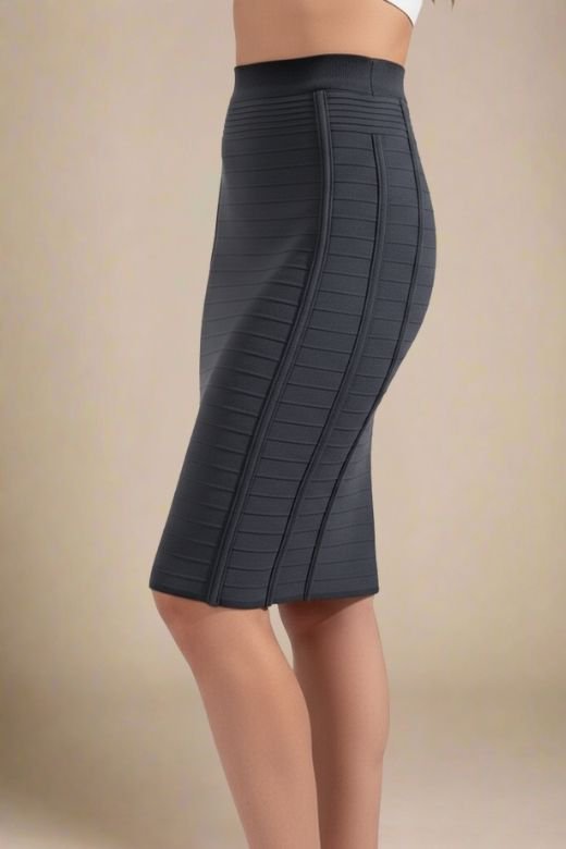 Woman wearing a figure flattering Pencil High Waist Bandage Knee Length Knitted Skirt - Classic Black BODYCON COLLECTION