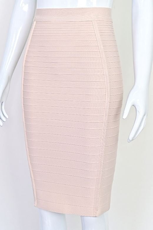 Woman wearing a figure flattering Pencil High Waist Bandage Knee Length Knitted Skirt - Cream BODYCON COLLECTION