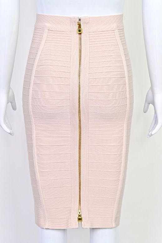 Woman wearing a figure flattering Pencil High Waist Bandage Knee Length Knitted Skirt - Cream BODYCON COLLECTION