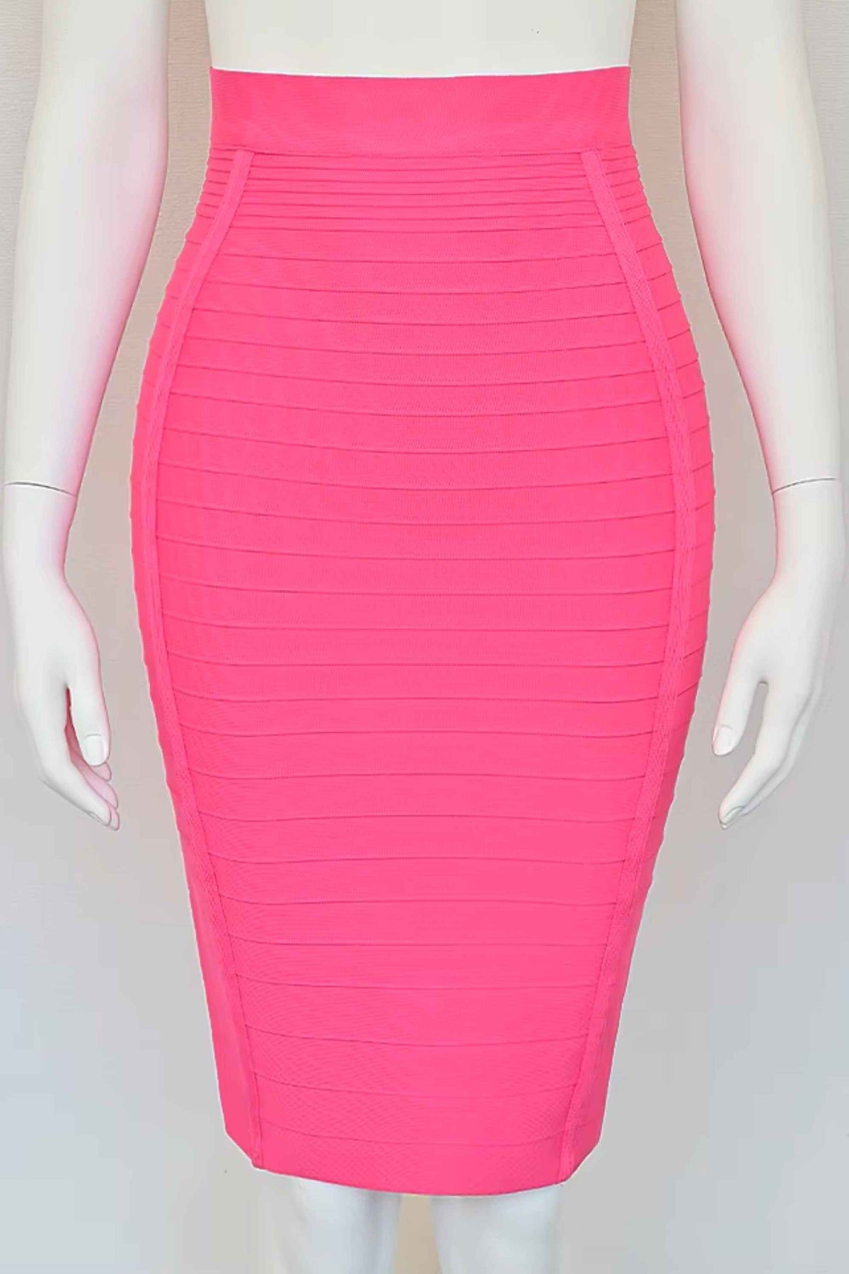 Woman wearing a figure flattering Pencil High Waist Bandage Knee Length Knitted Skirt - Hot Pink BODYCON COLLECTION