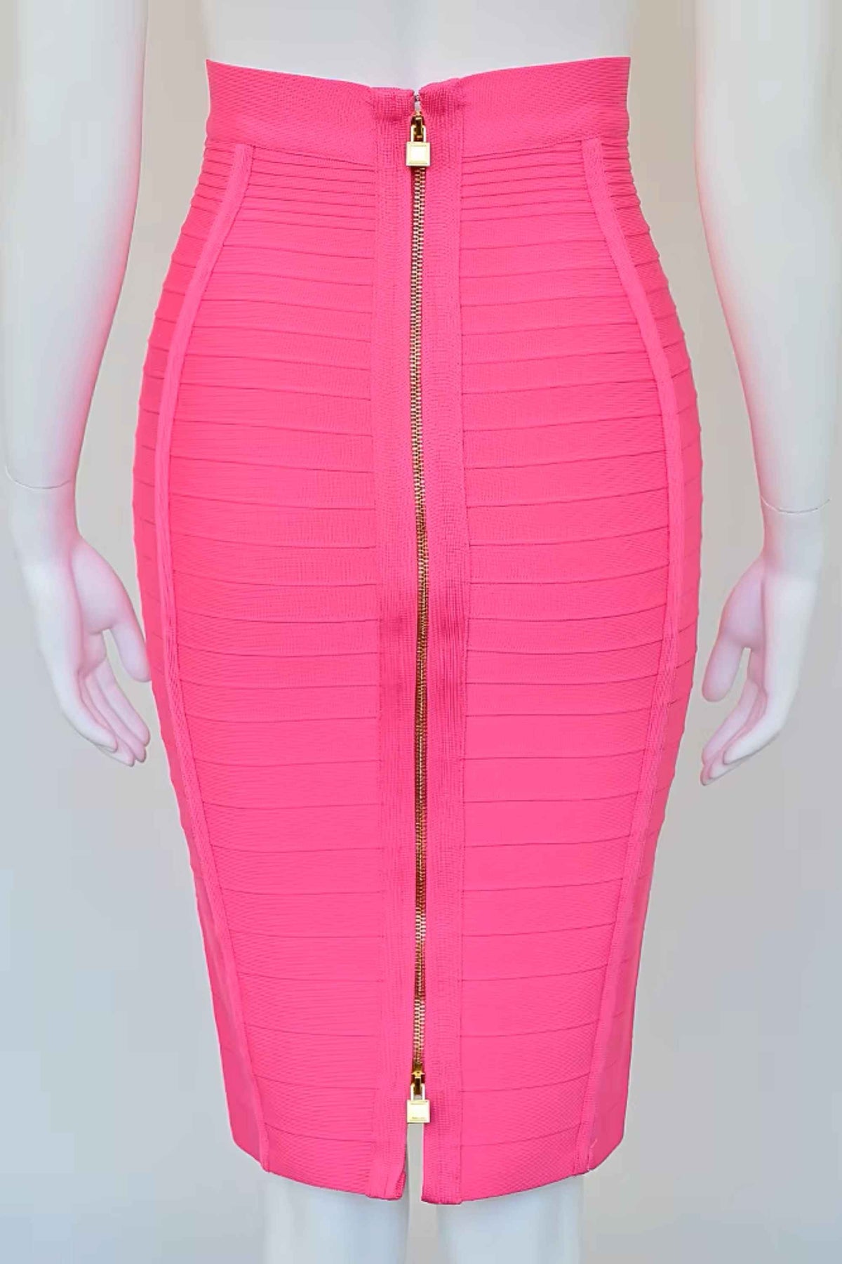 Woman wearing a figure flattering Pencil High Waist Bandage Knee Length Knitted Skirt - Hot Pink BODYCON COLLECTION