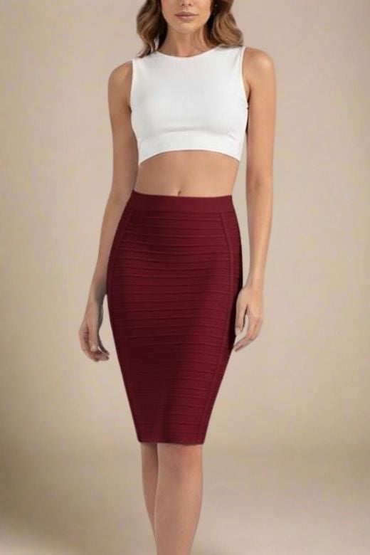 Woman wearing a figure flattering Pencil High Waist Bandage Knee Length Knitted Skirt - Red Wine BODYCON COLLECTION