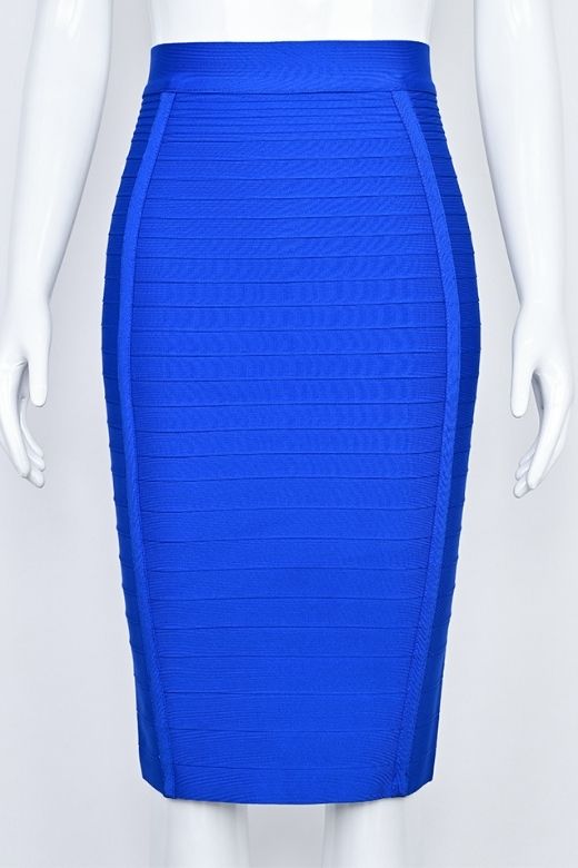 Woman wearing a figure flattering Pencil High Waist Bandage Knee Length Knitted Skirt - Royal Blue BODYCON COLLECTION