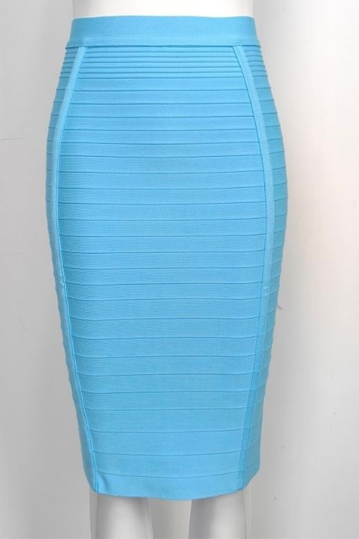 Woman wearing a figure flattering Pencil High Waist Bandage Knee Length Knitted Skirt - Sky Blue BODYCON COLLECTION