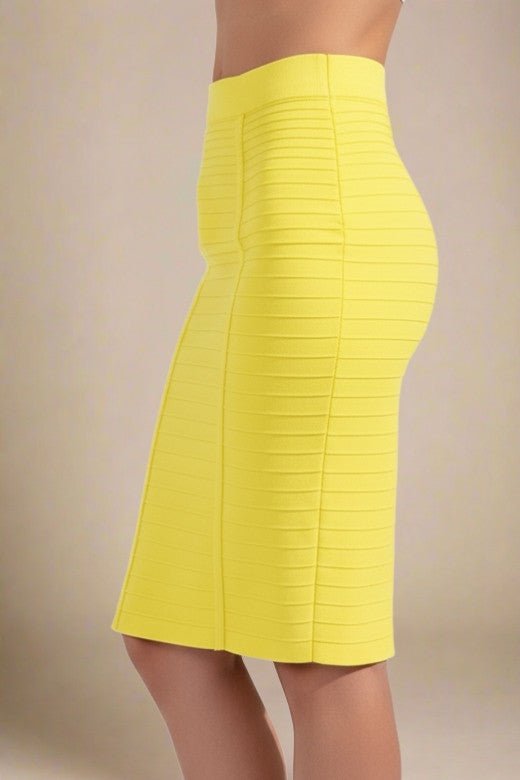 Woman wearing a figure flattering Pencil High Waist Bandage Knee Length Knitted Skirt - Sun Yellow BODYCON COLLECTION