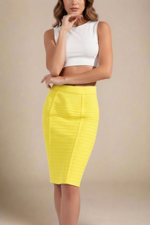 Woman wearing a figure flattering Pencil High Waist Bandage Knee Length Knitted Skirt - Sun Yellow BODYCON COLLECTION