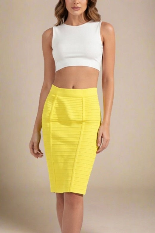 Woman wearing a figure flattering Pencil High Waist Bandage Knee Length Knitted Skirt - Sun Yellow BODYCON COLLECTION