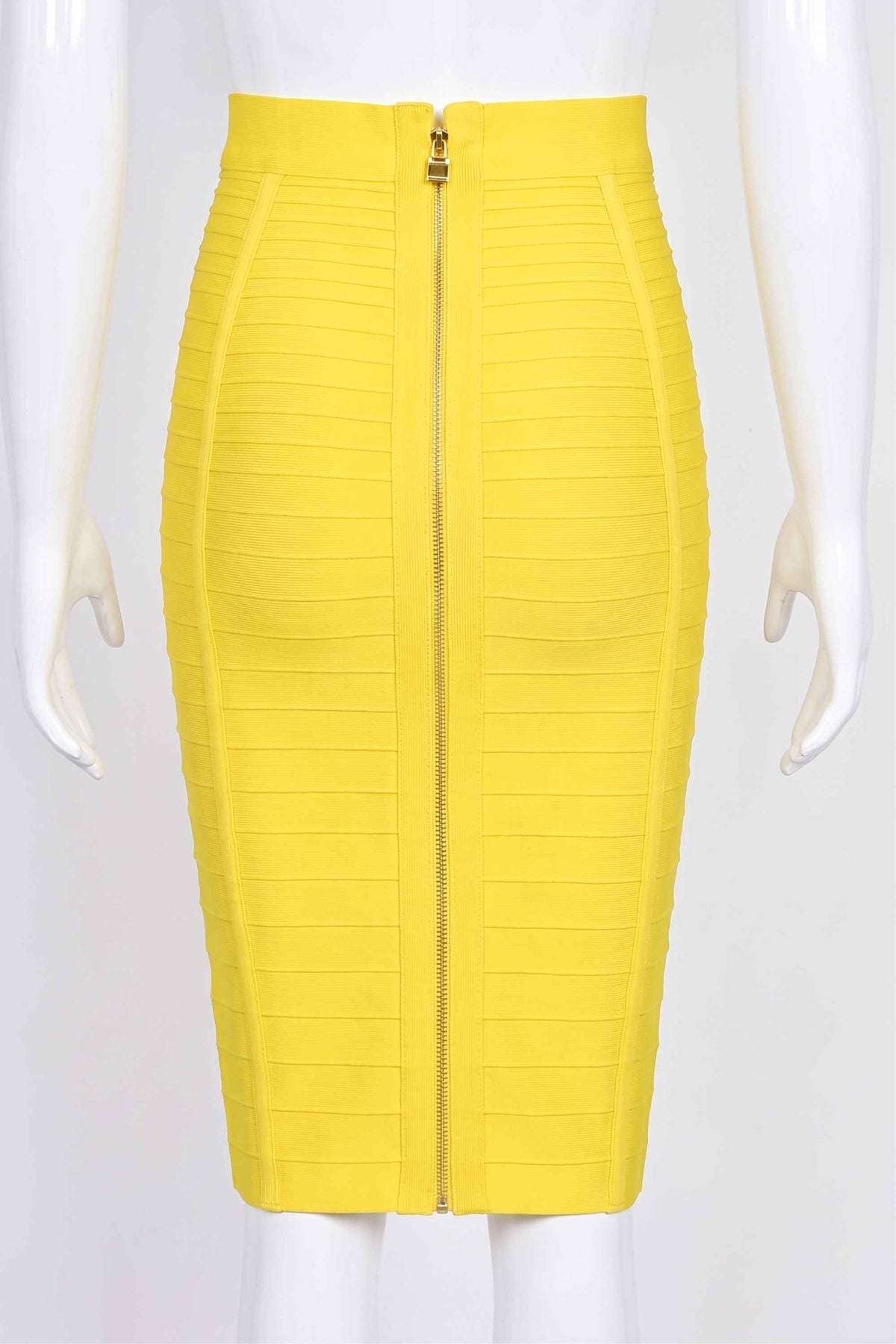 Woman wearing a figure flattering Pencil High Waist Bandage Knee Length Knitted Skirt - Sun Yellow BODYCON COLLECTION