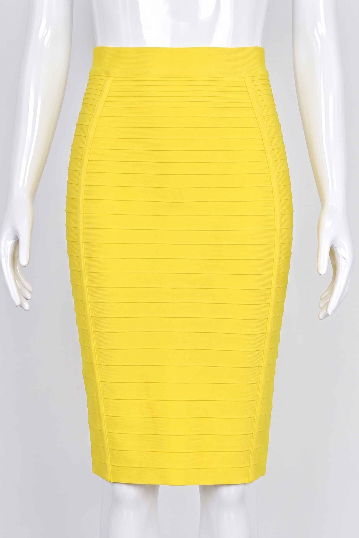 Woman wearing a figure flattering Pencil High Waist Bandage Knee Length Knitted Skirt - Sun Yellow BODYCON COLLECTION