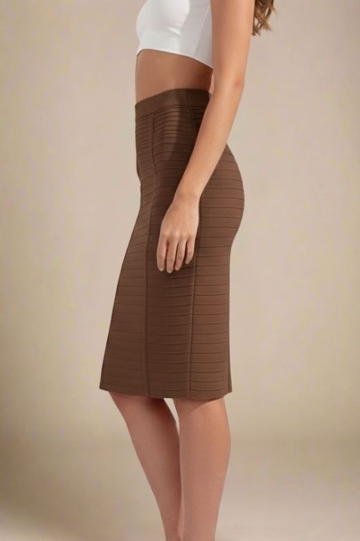 Woman wearing a figure flattering Pencil High Waist Bandage Knee Length Knitted Skirt - Tan Brown BODYCON COLLECTION