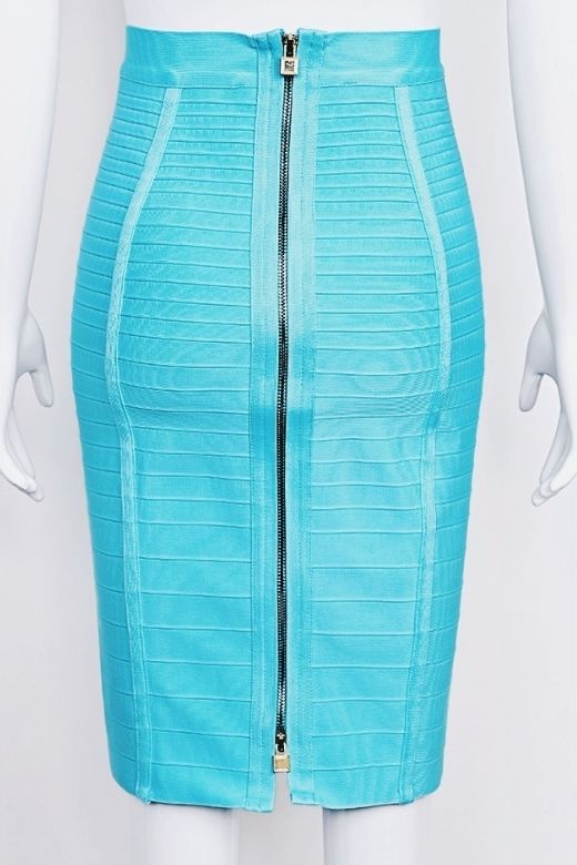 Woman wearing a figure flattering Pencil High Waist Bandage Knee Length Knitted Skirt - Turquoise Blue BODYCON COLLECTION