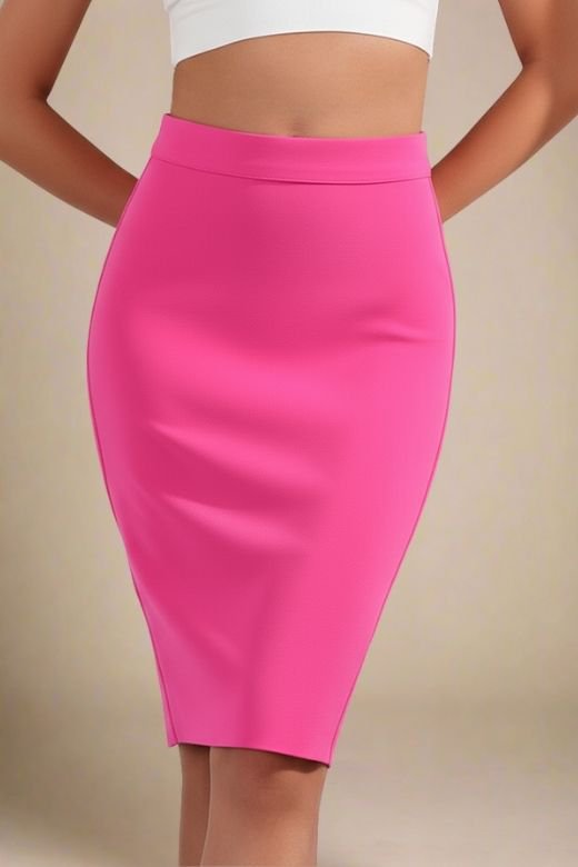 Woman wearing a figure flattering Pencil High Waist Bandage Knee Length Skirt - Hot Pink BODYCON COLLECTION
